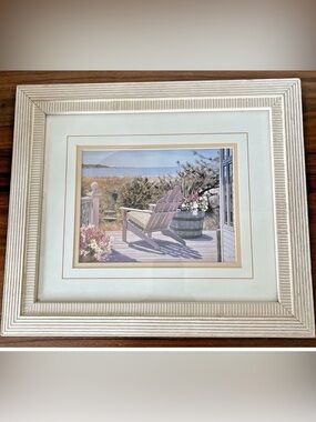 Coastal Beach waterfront  Framed Wall Art in Cream and Gold Accent